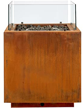 intergrill Gasfeuerstelle Fire Pit | 60 x 60 x 81,5 cm | Feuertisch Feuerschale für Garten Lavasteine Glas | Patinierter Cortenstahl | Mediterranlook