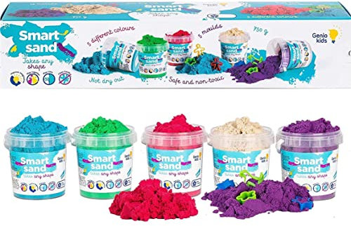 Genio Kids Magic Sand 750g Zaubersand - 5 Farben Bunter Sand Set, 5 Sandknete Zubehör - Spielsand für drinnen, Magischer Knetsand geschenke für Kinder, Mädchen und Jungen