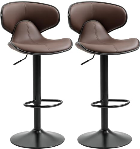 HOMCOM Adjustable Swivel Bar Stools Set of 2, Barstools with Footrest and Backrest, Steel Frame Gas Lift, for Kitchen Counter Dining Room, Brown