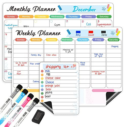 Magnetic Whiteboard Calendar Planner for Fridge, 3pcs Dry Erase Monthly Weekly Daily Planner Stick to Fridge, Meal Shopping List Family Reminders in Kitchen, Magnet Memo White Board 4 Markers & Eraser