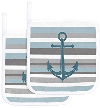 Topflappen-Set mit 2 nautischen Anker-Topflappen, hitzebeständig, rutschfeste Topflappen, blau-graue Streifen, heiße Pads, Topflappen für Küche, Kochen, Backen, Grillen