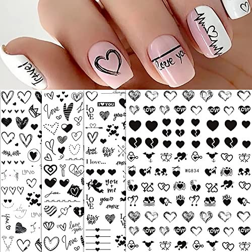 Nagelsticker Selbstklebend, Valentinstag Nagel Aufkleber Schwarzen Herzens Nail Art Sticker 3D Schwarz Nagelaufkleber DIY Maniküre Dekoration(4Blatt)