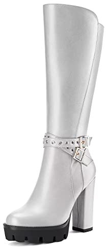 Castamere Donna Chunky Blocco Alto High Tacco Heel Chiusa Rotonda Punta Metà polpaccio Cerniera Fibbia Ufficio Classico Stivali Argento 37 EU