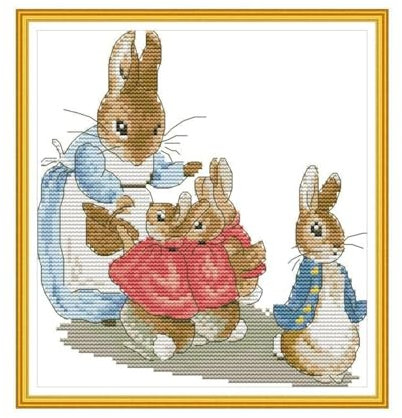 Cleana Arts Kreuzstich-Kits, geprägt, komplettes Sortiment von Stick-Starter-Kits für Anfänger, DIY, 14 CT, 2 Stränge, kleiner Hase, 21 cm x 22 cm