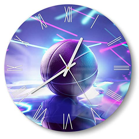 DEQORI Glasuhr | rund Ø 30 cm | Motiv Inszenierter Basketball | ausgefallene leise Design Uhr aus Glas | Wanduhr für Wohnzimmer & Küche | Moderne Hingucker Uhr für die Wand