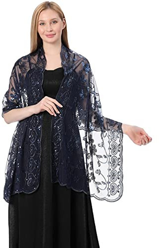 YAOMEI Damen Schals 1920er Jahre Perlen Flapper Pailletten Halstücher Stola Umschlagtücher Umschlagtücher Halstuch Hochzeiten Braut Abendgarderobe (74.8 * 23.6 Zoll (190 cm * 60 cm), A-Marine)