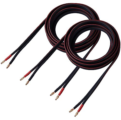 HANNLINTE 14 AWG HD Premium Soft Touch HiFi Speaker Cable with Banana Plugs (2 Pack, 10 Feet) 14 Gauge Banana Wire for Bi-Wire Bi-Amp HiFi Surround Sound Oxygen-Free Copper - Black