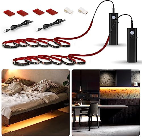 WOBANE LED Band mit Bewegungsmelder,2 x 2m Wiederaufladbar Kleiderschrank Beleuchtung,Warmweiß LED Sensor Licht Schrankleuchten für Kleiderschrank,Bett,Treppe,2700K,Schwarz