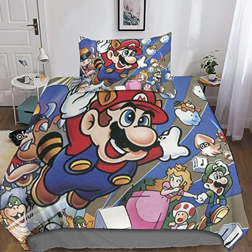 Super Mario Spannbetttücher Bettwäsche,Mario Luigi Yoshi Bowser and Toad Druck Bettbezug,deckenbezug Mit Kissenbezug,süße Dekoration Bettwäsche SetSingle(135x200cm)