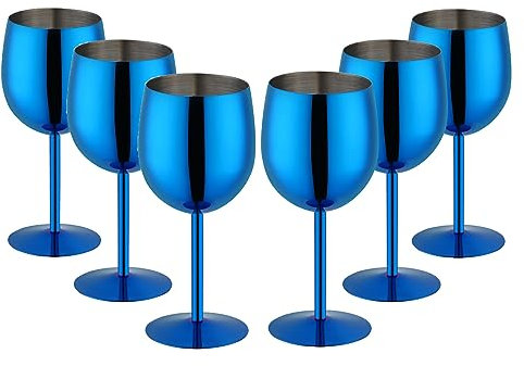 Buyer Star Lot de 6 verres à vin incassables en acier inoxydable - Verre à vin blanc rouge - Verres à cocktail à pied en métal - Pour champagne, voyage, fête, mariage (bleu)