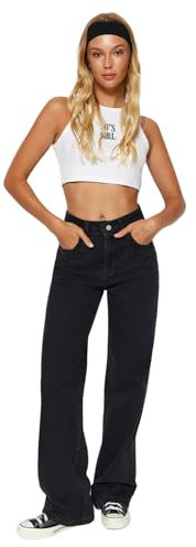 TRENDYOL Damen Gerade Weites Bein Hohe Taille Jeans, Schwarz, 36 EU