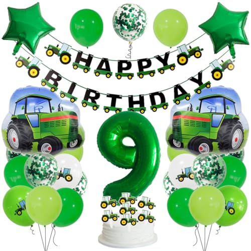 Guoguonb 9 Jahre Traktor Geburtstag Deko Grün 9. Geburtstag Junge Trecker Zahlenballon 9 Folienballon Bedruckte Ballons Banner Tortendekoration für Kindergeburtstag Partyset Dekoration