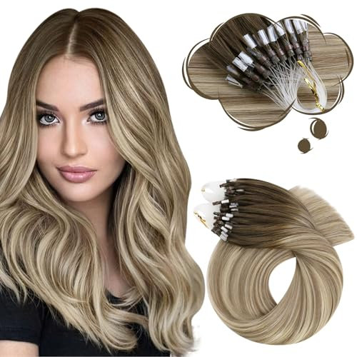 Moresoo Microring Extensions Echthaar 50 cm Braun bis Kastanienbraun mit Mittelblond Haar Extensions Seidenglatt Für Jede Tätigkeit 50G 50Stränge #3/8/22