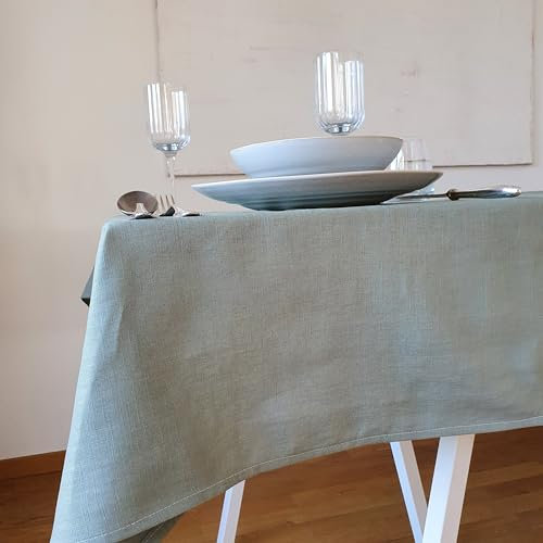 Farnberg Premium Tischdecke aus Leinen - Stofftischdecke für Küchentisch, Esstisch - Fleckschutz Tischtuch - Leinentischdecke - 135 x 400 cm - Uni Salbei