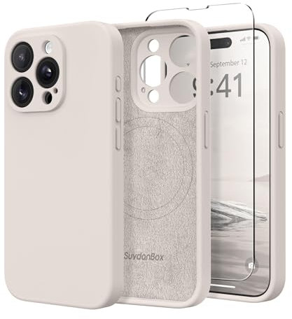SuydanBox Magnetic for iPhone 14 Pro Case, Compatible with MagSafe, [Full Camera Protection][Screen Protector] Silicone Shockproof Protective Phone Case for iPhone 14 Pro 6.1, Stone