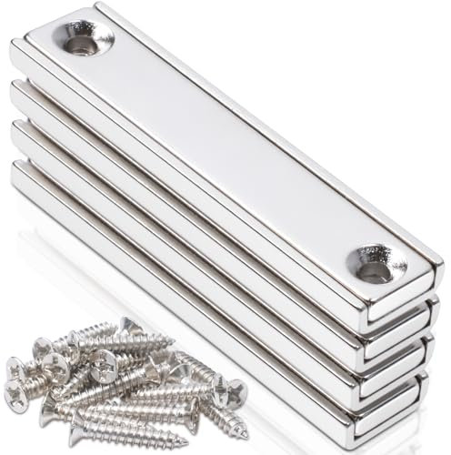 Neodym Magnete Extra Stark, 60x13,5x5mm Magnete Stark Groß Schraubbar Magneten Rechteckmagnete Magnete mit Loch Magnetverschluss Senkkopf Magnet Industrielle Topfmagnet mit Schrauben, 4 Stück