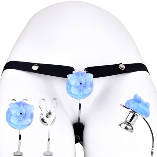 SeLgurFos Edelstahl Keuschheitskäfig Herren mit Anti-Fall Belt und Urinal Dekorativer Inverted Cock Cage Sissy Clip BDSM Fetisch Bondage Sexspielzeug für Männer (Blue Butterfly+Black Belt)