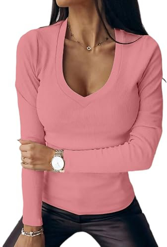 Chicrise Maglia Donne Maniche Lunghe Ampio Scollo Moda T-Shirt Sexy Stretto Felpe Donna Senza Cappuccio Rosa X Large 46-48