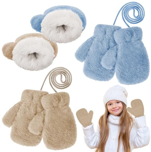 Yimomoyi Moufles Enfant 2 Paires Gants d'Hiver Gants Enfant, Gants d'Enfants, 3 à 7ans Enfants Thermique Mitaines avec Corde, Moufle Epais Enfant Gants Cadeau de Noël (Kaki + Bleu)