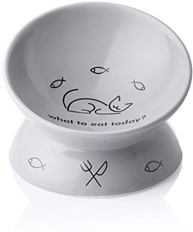 Sweejar Home Ceramic Raised Cat Bowls, Slanted Cat Dish Food or Water Bowls, Elevated Porcelain Pet Feeder Bowl Protect Cat's Spine, Stress Free, 140ml, Backflow Prevention (Gray)