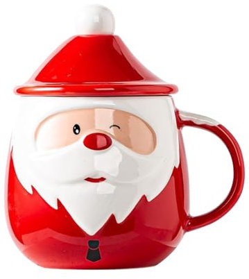 MIGIFTDY Simpatica tazza da tè in ceramica con Babbo Natale, tazza da tè natalizia con coperchio 3D, tazza da caffè per donne, uomini, ragazze e ragazzi (A)