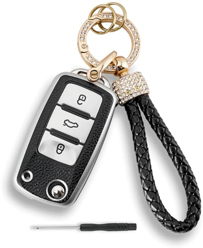 TPU Leder 3 Tasten Auto Schlüssel Schutzhülle Für VW Golf MK6 Polo Käfer Caddy Transporter Eos Sharan Tiguan Touran Scirocco mit Schraubendreher und Diamanten Lanyard