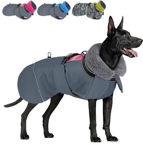 Eyein Hundemantel Winter für Große Hunde, Wasserdicht Hundejacke mit warmem Fleecefutter und Halsband, Winddichter Wintermantel Hund mit Bauchschutz und Verstellbarem Brustriemen, Rosa, XL