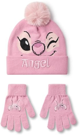 Disney Set Berretto e Guanti per Ragazze Lilo & Stitch | Cappello Invernale Lavorato a Maglia Rosa con Faccia da Angelo | Berretto con Pompon per Bambini Taglia Unica con Guanti con Stampa
