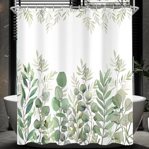 Lerores Duschvorhang 100x200cm Blätter Beschwerter Saum Antischimmel Textil, Wasserdicht OberfläChe, Waschbar Polyester Stoff Badevorhänge für Badezimmer, Badewanne mit 8 Duschvorhangringe