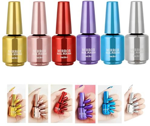 Allbestaye 8ml Polish Mirror Nail Polish, Quick Drying Long Lasting Metal Nail Varnishes, Metallic Glitter Nail Polish, No UV Lamp Curing (6 colors set)