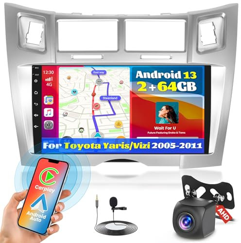 Fuluku 2+64G Android 13 Radio Coche para Toyota Yaris/Vizi 2005-2011 con Inalámbrico Carplay Android Auto, 9 Pantalla Táctil Estéreo de Coche con Bluetooth/WiFi/GPS/Cámara de Seguridad/FM/RDS/SWC