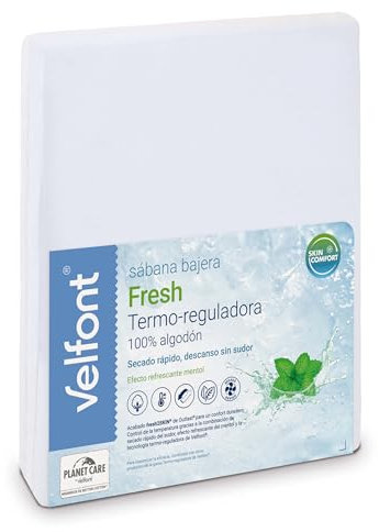 Velfont Sábana Bajera Fresh, 100% Algodón, Termo-reguladora Acabado Mentol, Blanco (90x190/200 cm)