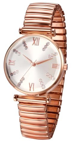 Oidea Women's Easy Reader Watch: Dainty Elastic Strap Wrist Watch Large Face Clear Number Stretch Band Analog Quartz Bracelet Watch Stainless Steel Band Ladies Wristwatch, Rosegold