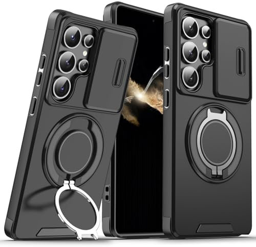 OUBELI Cover per Samsung Galaxy S25 Ultra Custodia con Scorrevole Protezione Fotocamera 360° Proteggi Supporto di Anello Rotante Silicone TPU Antigraffio e antiurto Protezione Custodia-Nero