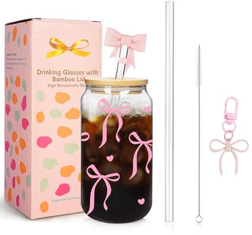 Mason Life Glass Cups with Lids and Straws, Pink Bow Iced Coffee Cup,Decorative Bow Design, Versatile Drinking,18oz Cute Glass Tumbler with a Keychain Gifts for Women Girls Friends