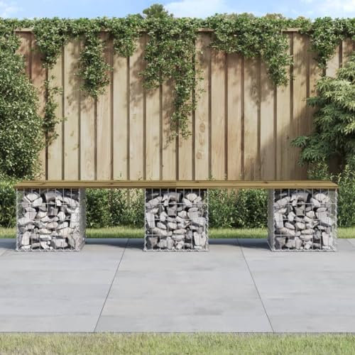Myheimly Gabionenwand Gartenbank, Sitzbank Bank Gabionen, Gabionenbank für Garten Terrasse, Steinkorb Drahtkorb Parkbank Gartenmöbel, Massivholz Kiefer Dunkelbraun,203 x 44 x 42 cm