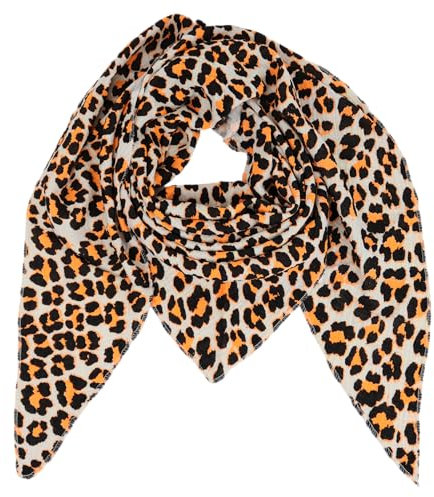MIRROSI Damen Musselin Halstuch Made in Italy mit Leoprint oder Unifarben – Leichtes Dreieckstuch für Frühling & Sommer, Baumwolle, 200x80 cm (Leo Beige Schwarz Orange)