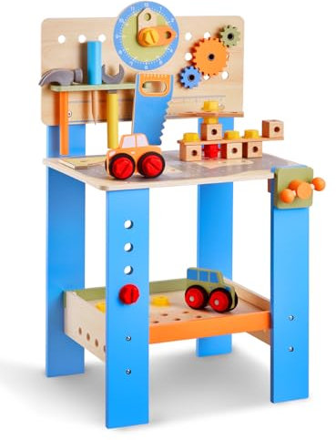 VEVOR Banco de Trabajo de Juguete para Niños, 62 Piezas, Banco de Herramientas de Madera con Herramientas Realistas, Juguete de Construcción Creativo y Educativo para Niños de 3 Años en Adelante