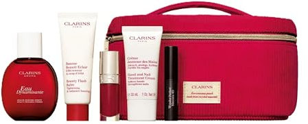 Clarins Set mit 6 Teilen, Aroma, Lippenstift. Mascara, Hand & Nagelcreme, Beauty Flash Balsam unt Kosmetikkatesche