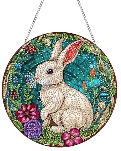 Hoobee Kaninchen Diamond Painting Anhänger, Tier Diamond Painting Fensterbilder, 5D Diamant Painting mit Kette, Wandbehang Kits-Für Zuhause Wanddekoration Und Eingang Dekoration 20x20cm(Kaninchen)