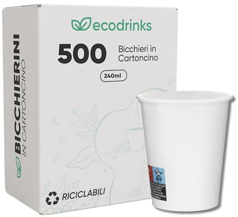 ecodrinks - 500 Bicchieri Carta Bianco da 240ml - Per Acqua, Cocktail, Bevande Calde e Fredde - Biodegradabili, Eco-friendly e Made in Italy