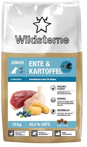 Wildsterne Ente & Kartoffel Junior 15 kg| Getreidefreies Trockenfutter | Monoprotein | von Tierärzten entwickelt