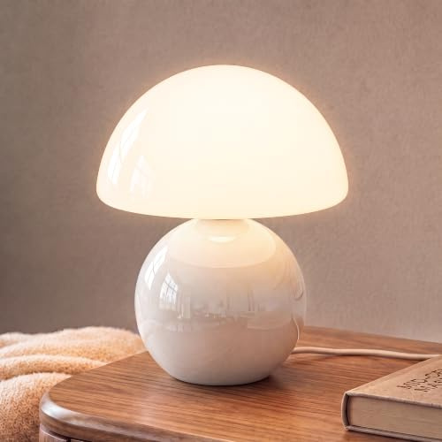Dawnwake Table Lamp Mushroom Lamp for Bedroom-Small Desk Table Lamps,White | 8.7 Modern Mid Century Ceramic Lamps for Living Room Bedroom Decor,Small Cute Unique Aesthetic Home Room Decor,Glass Shade