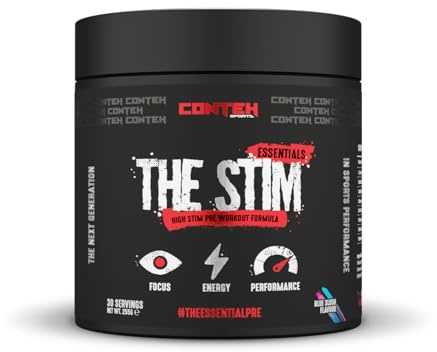 Conteh Sports The Stim High-Stimulant Pre-Workout Powder, Essentials Range. High Caffeine Content Energy, Focus & Performance Formula 30 Servings (255g Blue Slush)