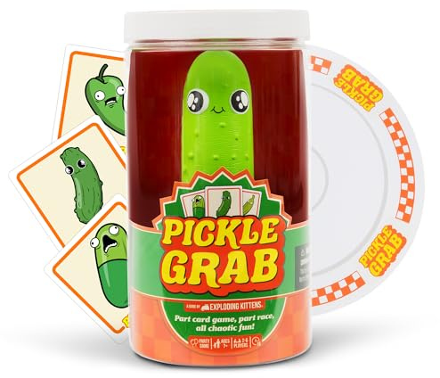 Exploding Kittens Pickle Grab, 2-6 Players, Age 7+ Fast Paced Card Game | Flip cards to spot the pickle card, then grab the pickle on the jar before another player pulls the plate and drops it in!