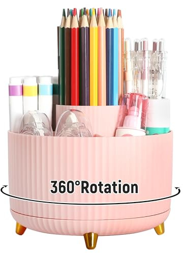 ZHABAYEN Desk Organiser, 360° Rotating Desk Pen Holder, Pink Pen Pot