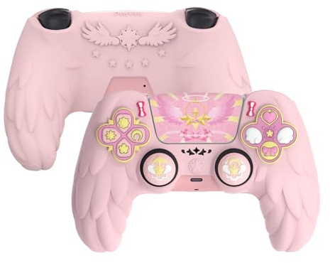 playvital Funda de Silicona para ps5 Mando | Tacto Suave, Agarre Antideslizante, Compatible con Base de Carga, con Tapas para Joysticks, Magic Wings, Rosa