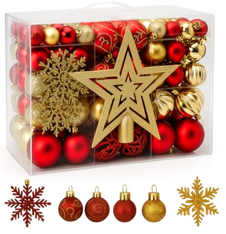Trendi 106 Pcs Christmas Ball Ornaments Set with Tree Topper – Shatterproof Baubles for Christmas Tree Decorations, Holiday Ornament Set for Home, Party & Festive Décor (Red and Gold)