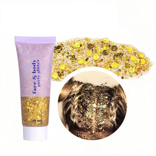 Body Glitter Gel, 50ml Hair Glitters, Face Sequins Shimmer Liquid Eyeshadow, Mermaid Sequins Festival Glitter Chunky Glitters for Eye Hair Lip Nail DIY Art Party (Gold)
