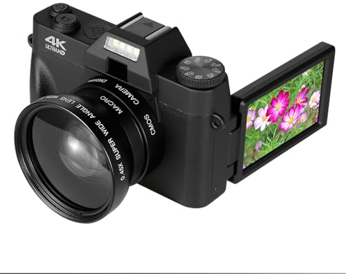 HOM Appareil Photo Numérique 4K avec Objectif Interchangeable Zoom Numérique 16x Écran Flip 3 Pouces Autofocus et Connectivité Wi-Fi 32 Micro SD Carte Inclus